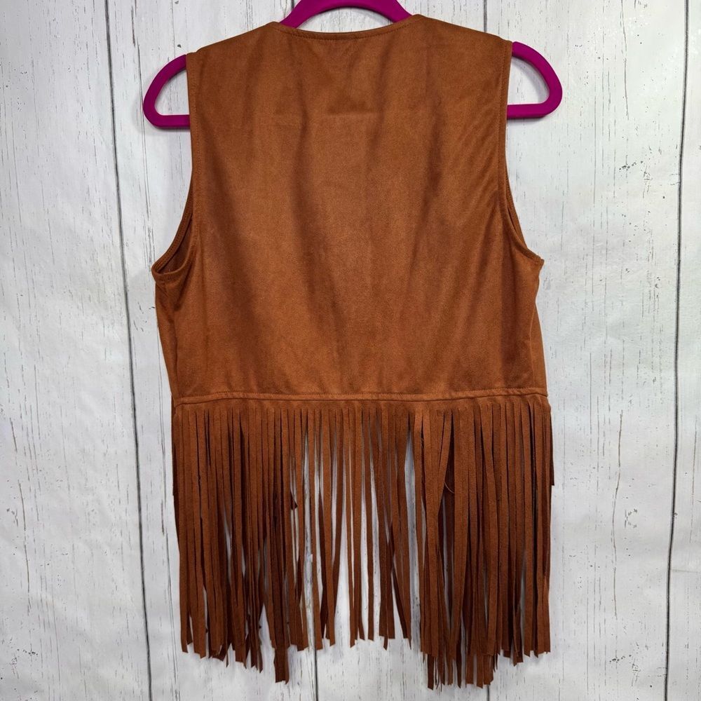Brown Faux Suede Fringe Vest L Western Boho Chic Rodeo Festival Cowgirl Country - Picture 10 of 12